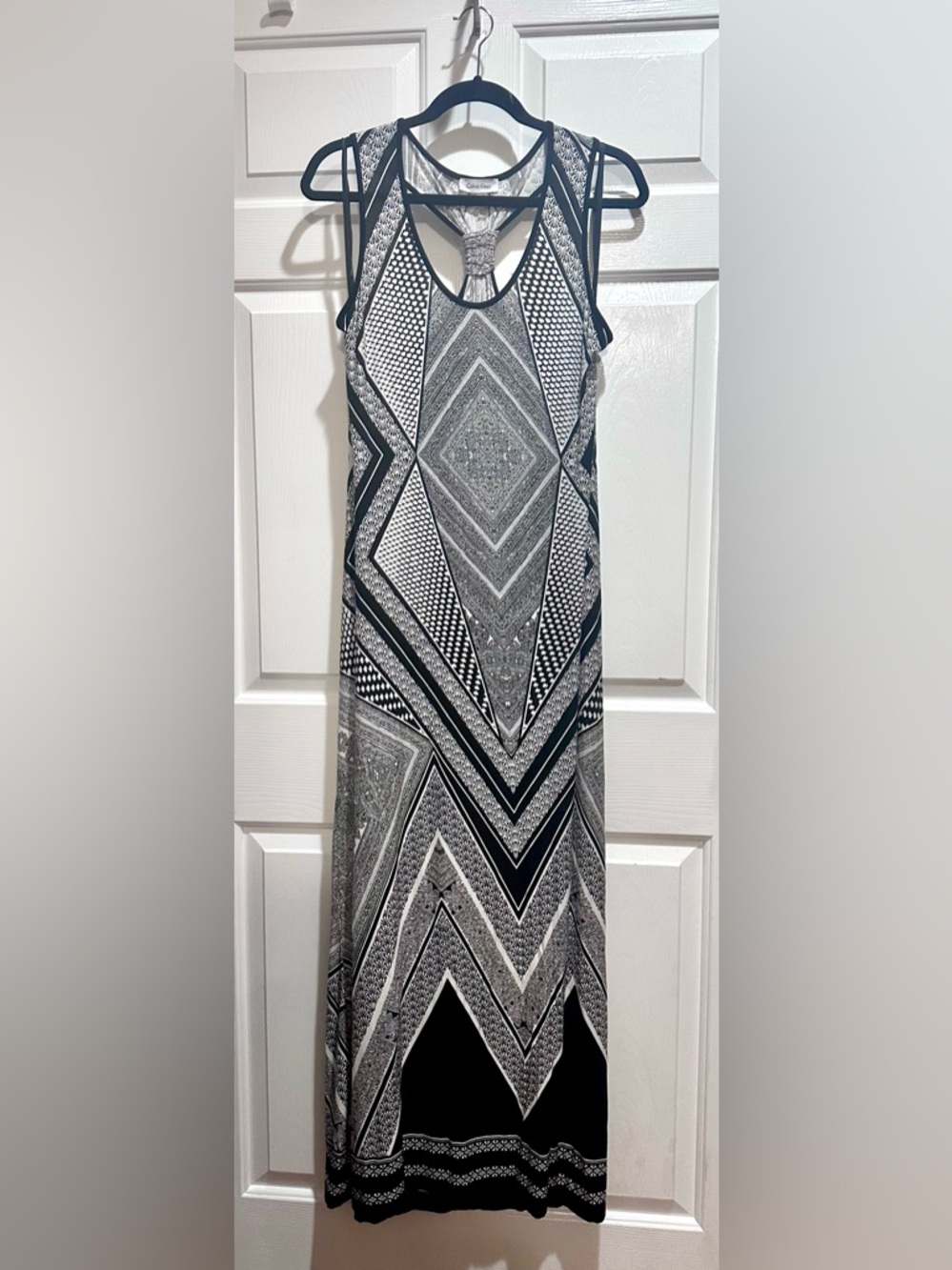 Calvin Klein Black and Gray Geometric Racerback Maxi Dress